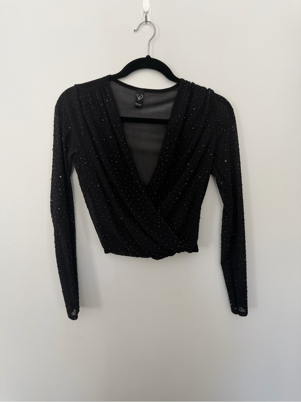 Windsor Black Long-Sleeve V-Neck Wrap Top with Rhinestone Detail